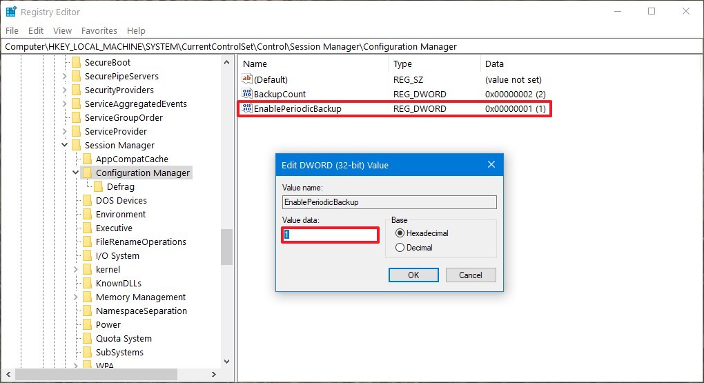 Configuring EnablePeriodicBackup for automatic Registry backups on Windows 10