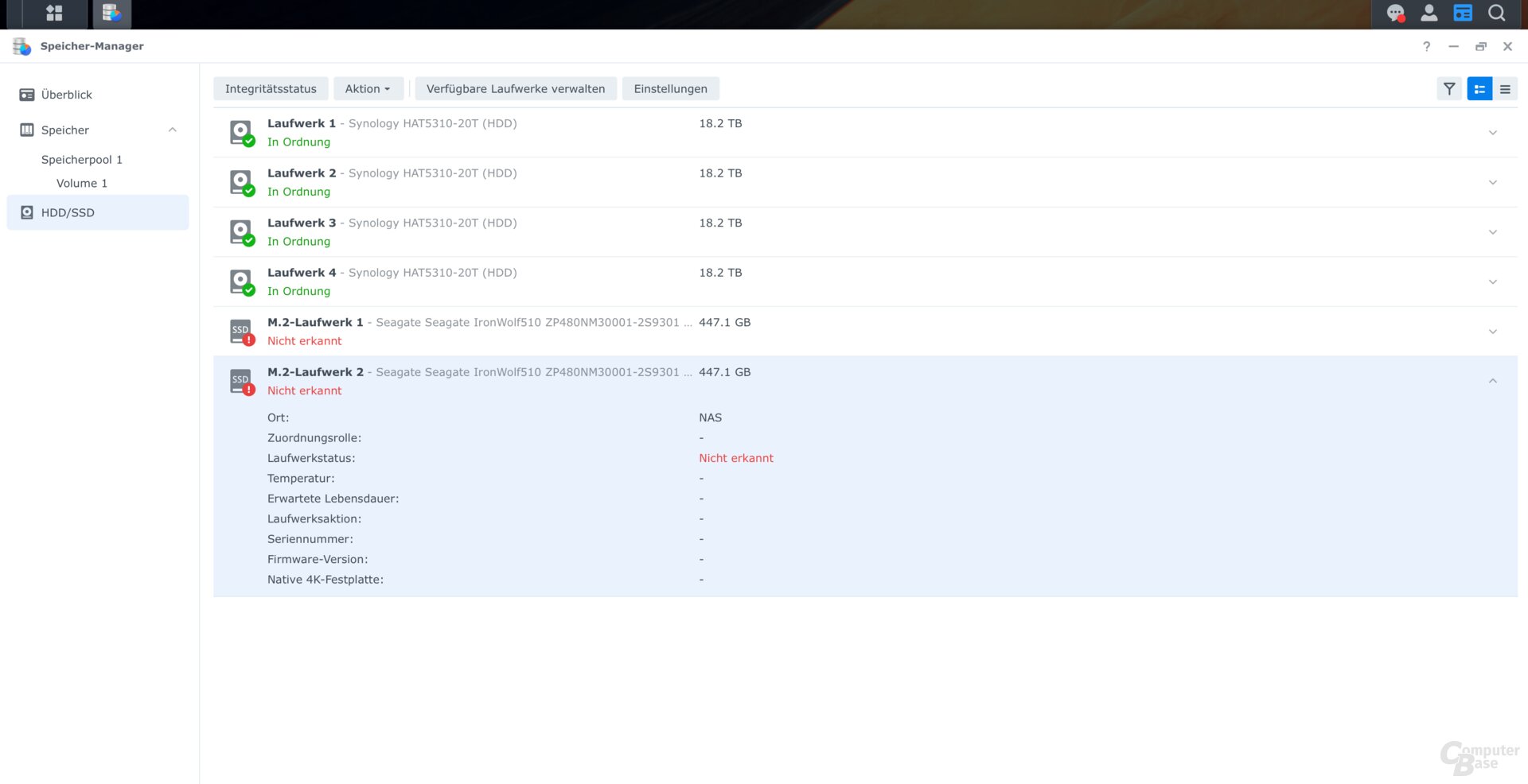 Auch Fremd-SSDs lassen sich aktuell weder für Speicherpools noch einen SSD-Cache nutzen