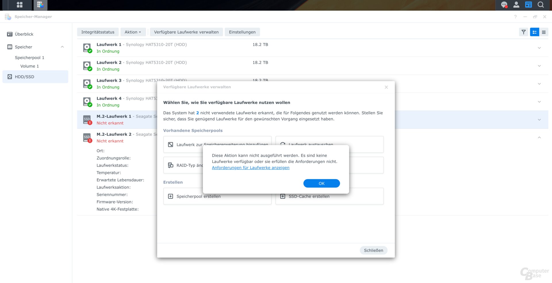 Auch Fremd-SSDs lassen sich aktuell weder für Speicherpools noch einen SSD-Cache nutzen