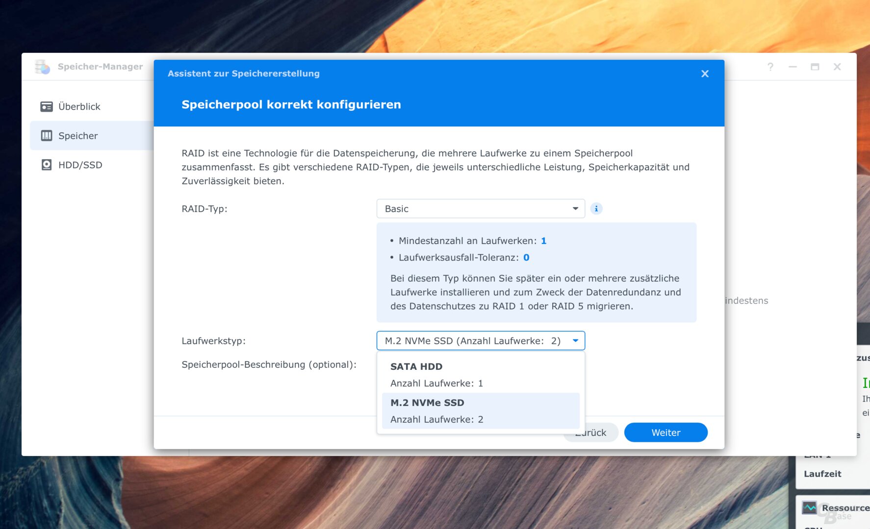 Nun lässt sich uneingeschränkt ein Speicherpool einrichten